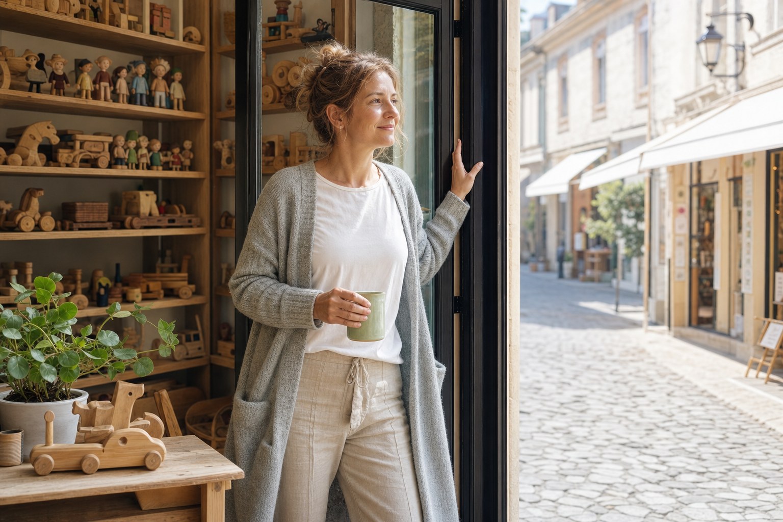 Winkelier opent ’s ochtends haar speelgoedwinkel met een kop koffie